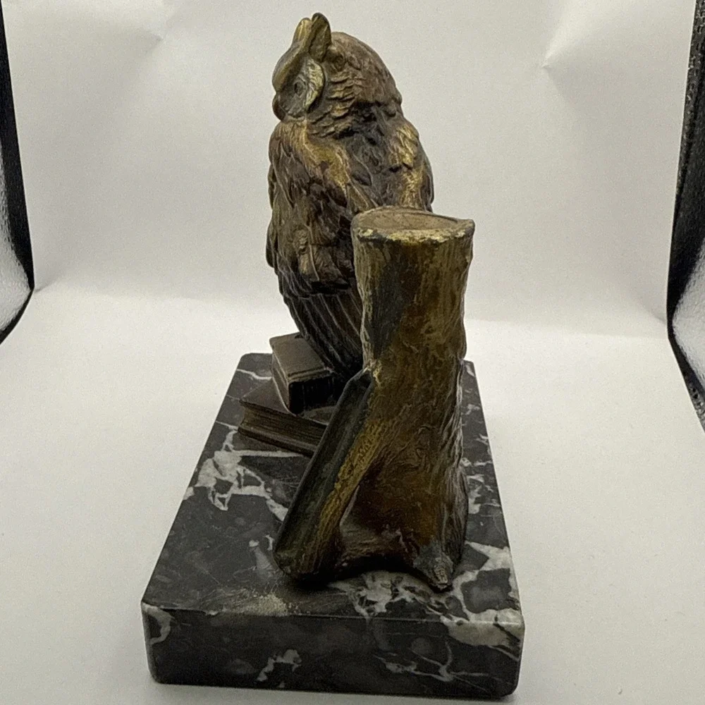 Antique Vienna Cold Painted Bronze Marble Owl Table Lighter Bergman Style
